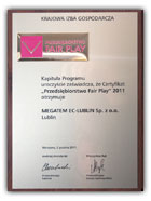 Certyfikat Przedsiębiorstwo Fair Play 2011