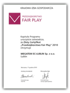 Certyfikat Przedsiębiorstwo Fair Play 2010