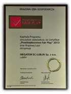 Certyfikat Przedsiębiorstwo Fair Play 2013 dla Megatem EC-Lublin