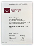 Certyfikat Przedsiębiorstwo Fair Play 2015 dla Megatem EC-Lublin